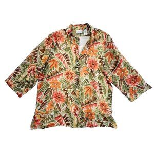 Alfred Dunner Top Women's 18 Green Orange Floral Fall Leaves Button 2 Piece Set